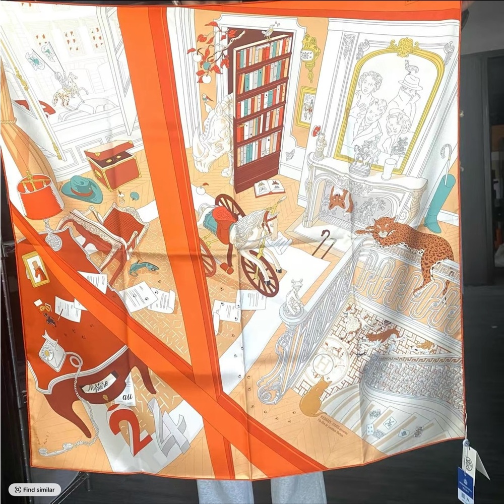 Hermes Silk Scarf with Orange and Cream Illustration